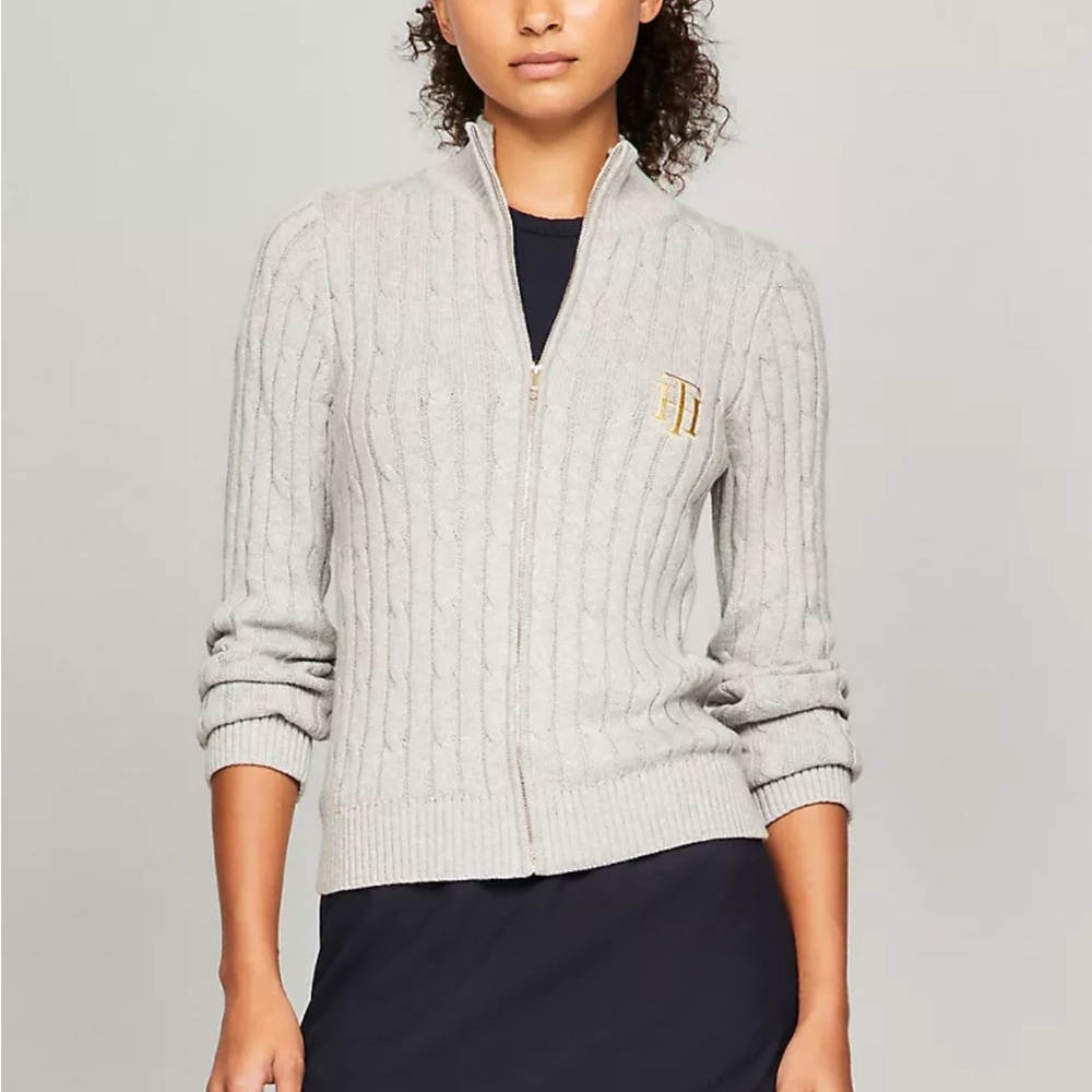 Tommy Hilfiger Mock neck Full Zip Cable Knit Medium Tan And Gold